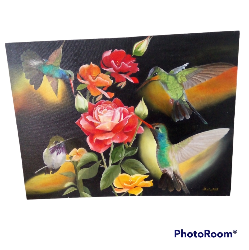 Hand painted hummingbirds on canvas.  Gorgeous!! 24"x18"